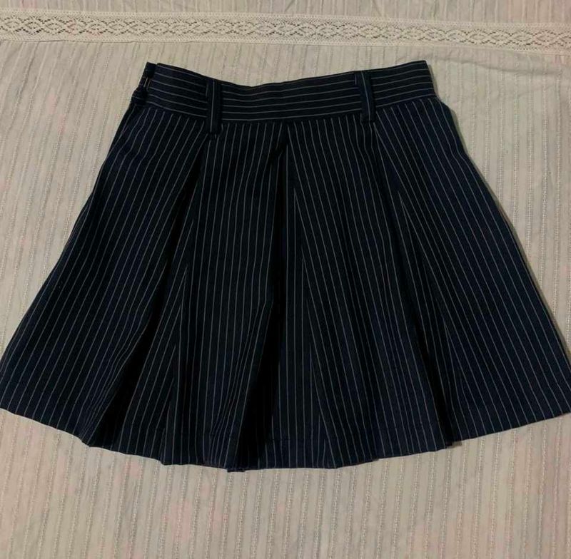 Navy Pinstripe Pleated Skirt