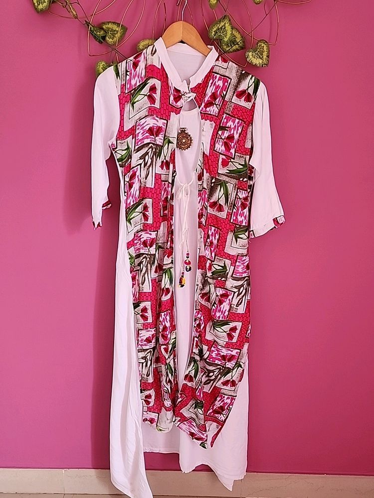 White &amp; Pink Floral Print Kurti