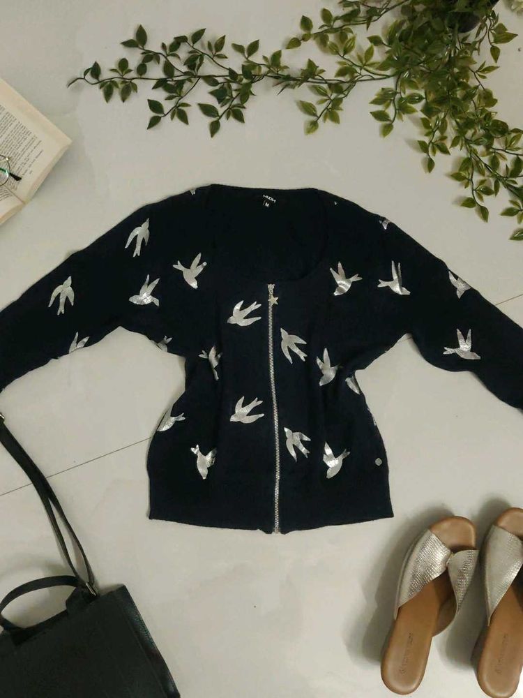 Stylish Navy Blue Bird Print Cardigan Top💙✨