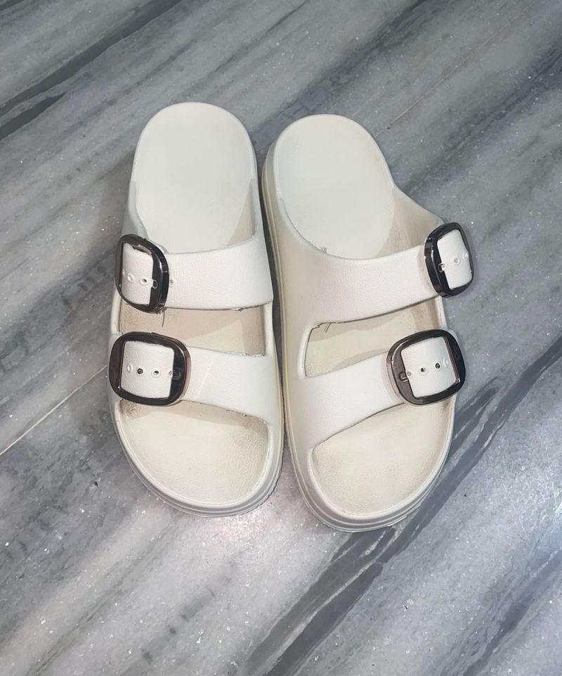 White Double Buckle Slides