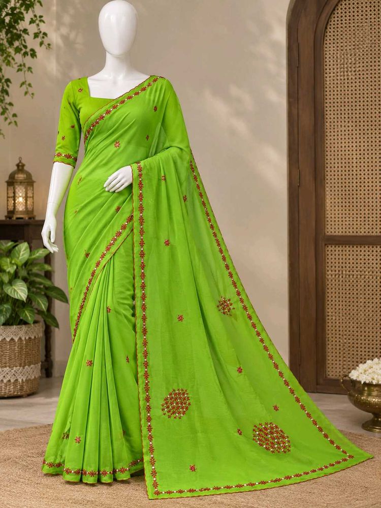 Vibrant Green Embroidered Saree
