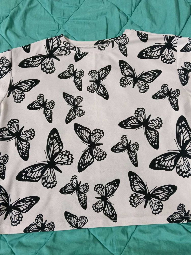 White Butterfly Print T-Shirt