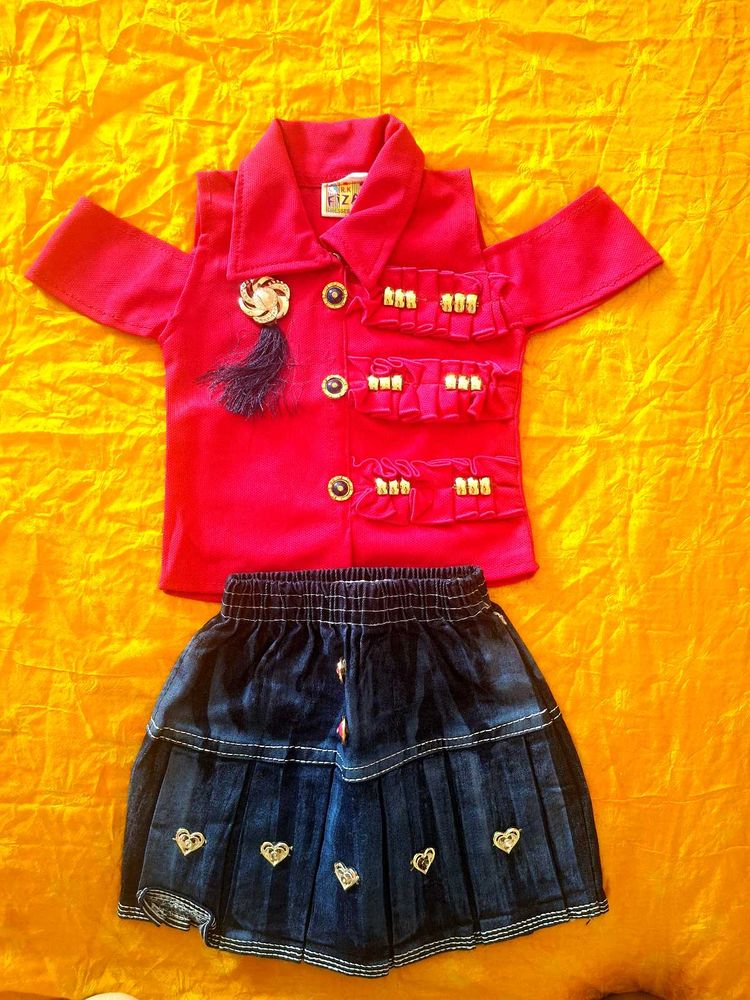 Cute Red Top &amp; Denim Skirt Set