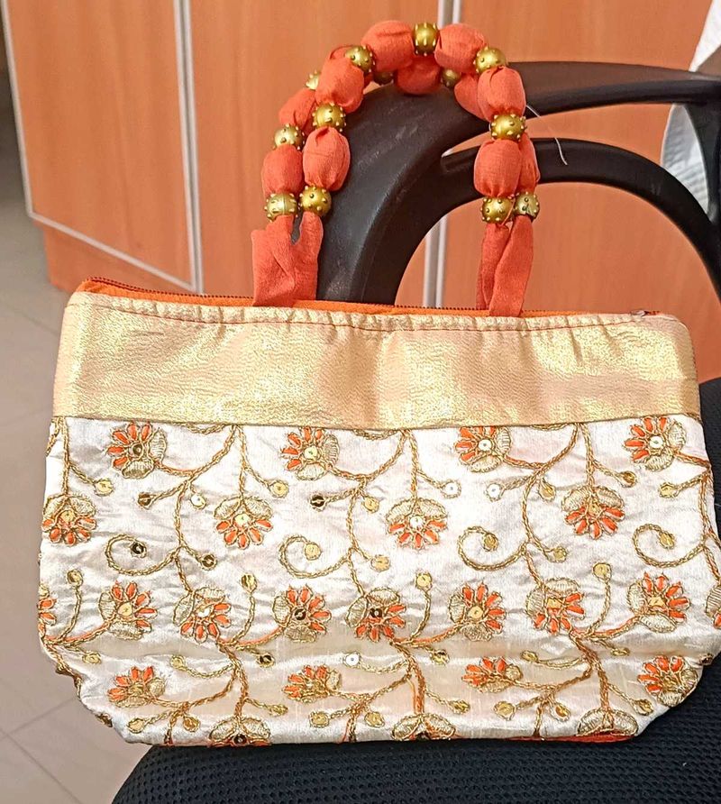 hand made Embroidered Clutch Bag with Beaded Handl