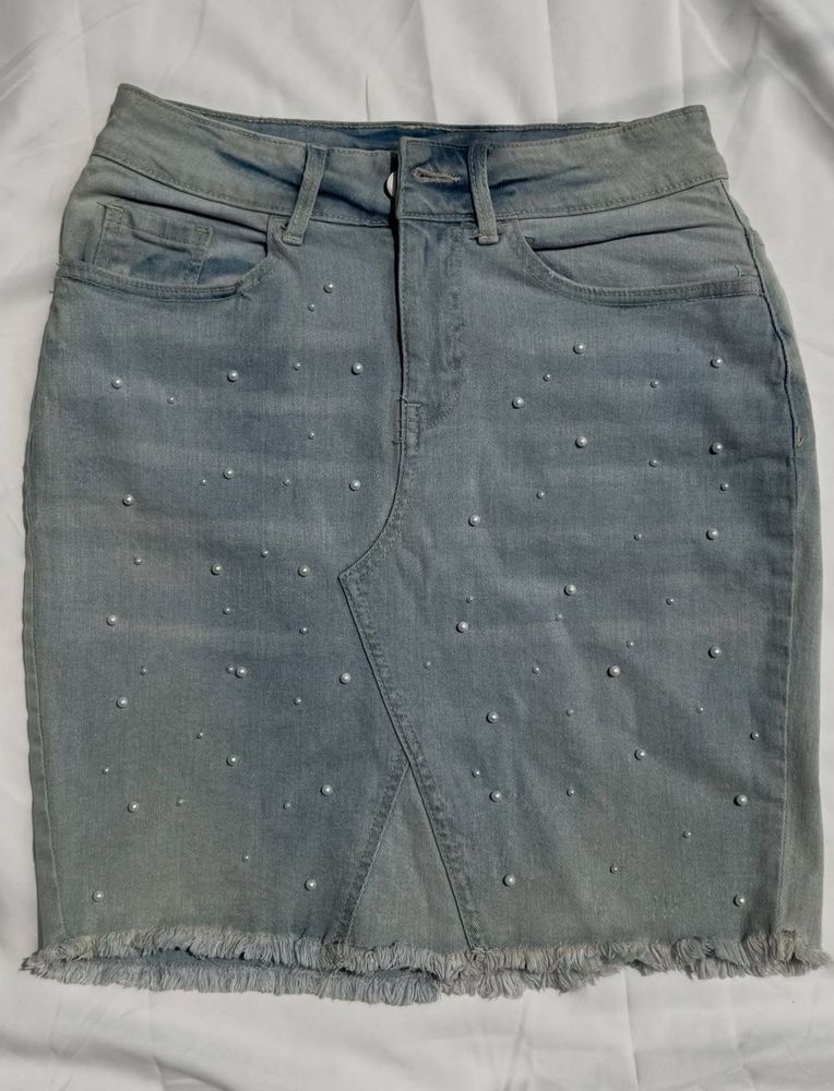 Pearl Embellished Denim Skirt