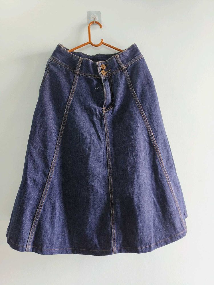 Blue Denim A-Line Midi Skirt