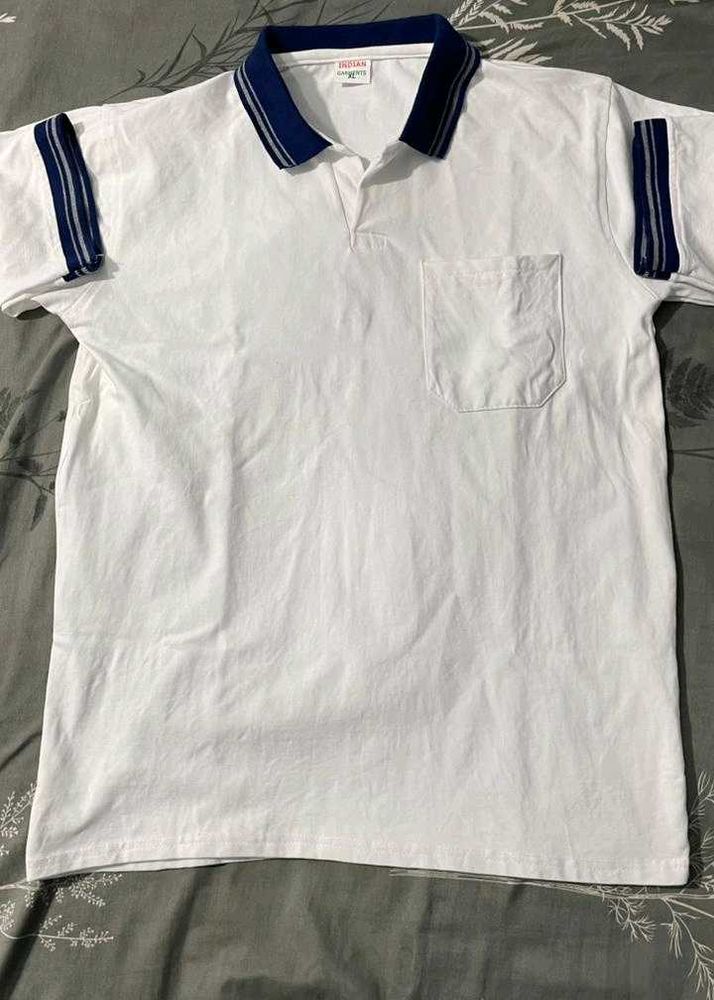Men's White Polo T-Shirt with Blue Accents
