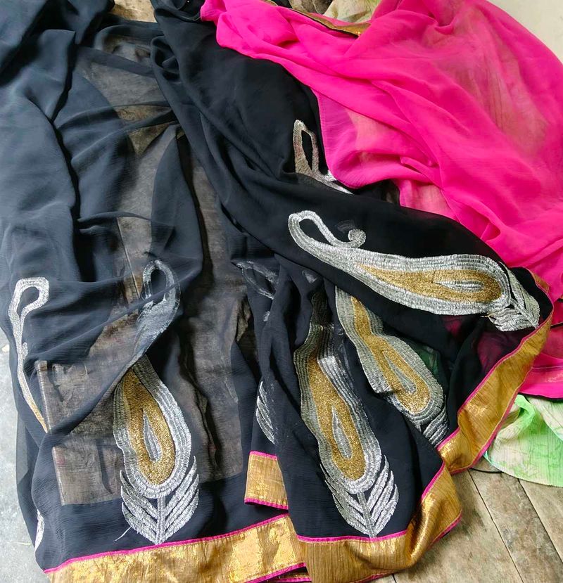Elegant Black Saree with Gold Embroidery