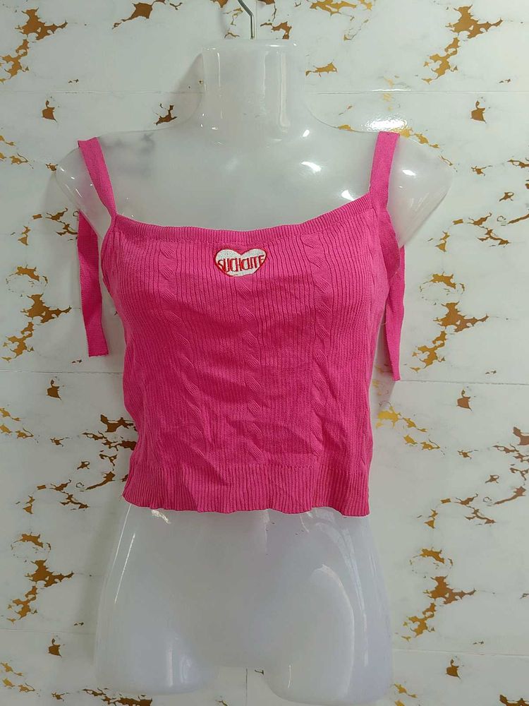 Pink Ribbed Crop Top with Heart Detail