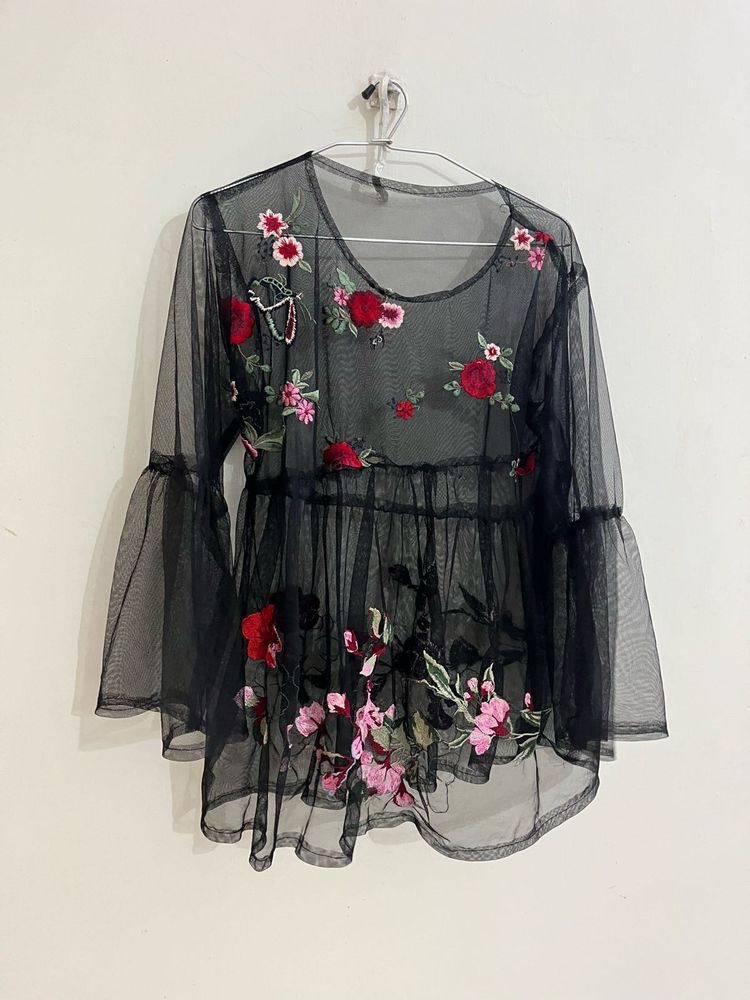 Sheer Embroidered Black Bell Sleeve Top