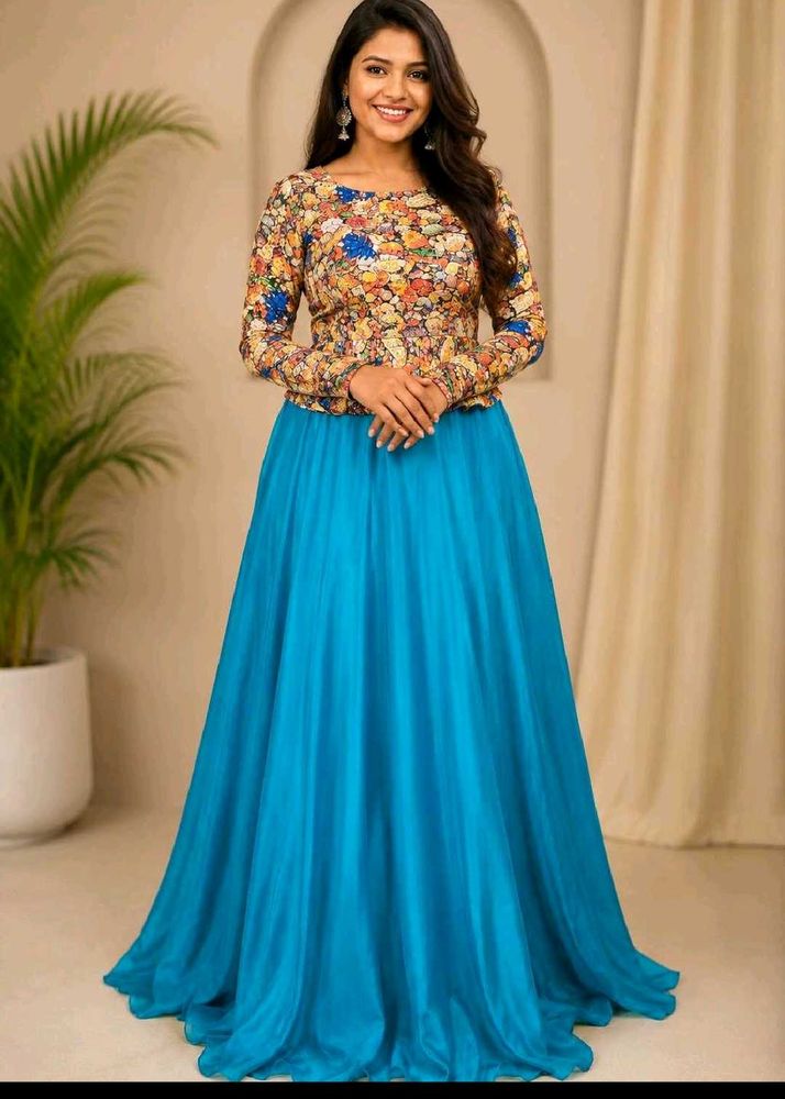 Beautiful Floral Top &amp; Blue Skirt Set