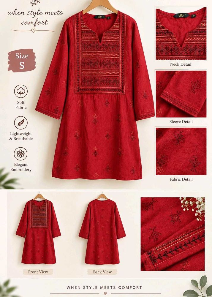 Red Embroidered Cotton Kurta