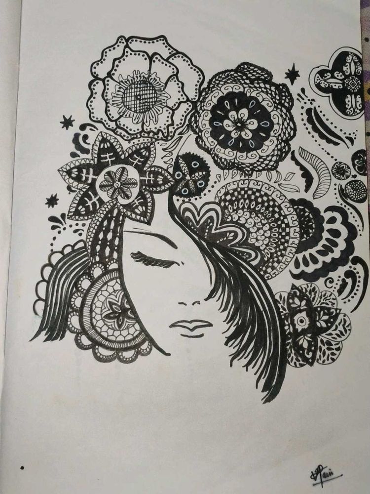 Hand-Drawn Artistic Portrait with Floral Motifs
