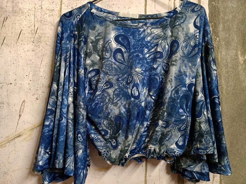Blue Paisley Print Bell Sleeve Top