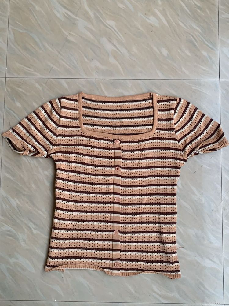 Striped Square Neck Button-Up Top