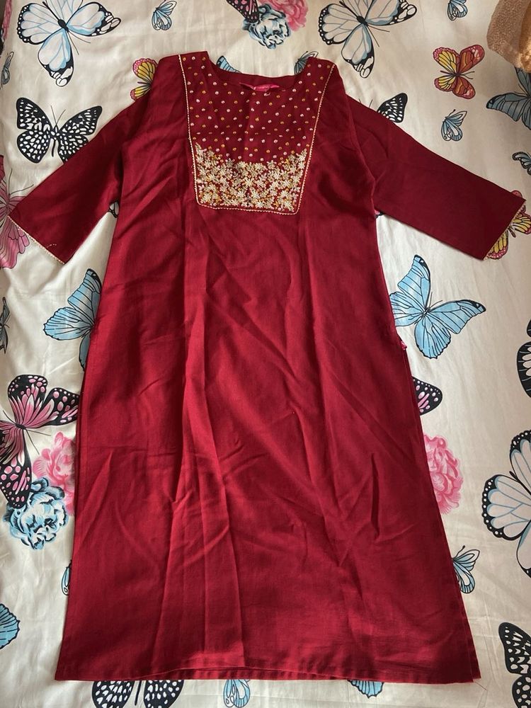 Maroon Embroidered Kurta