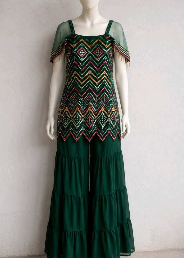 Embellished Green Kurta Set with Sharara Pants