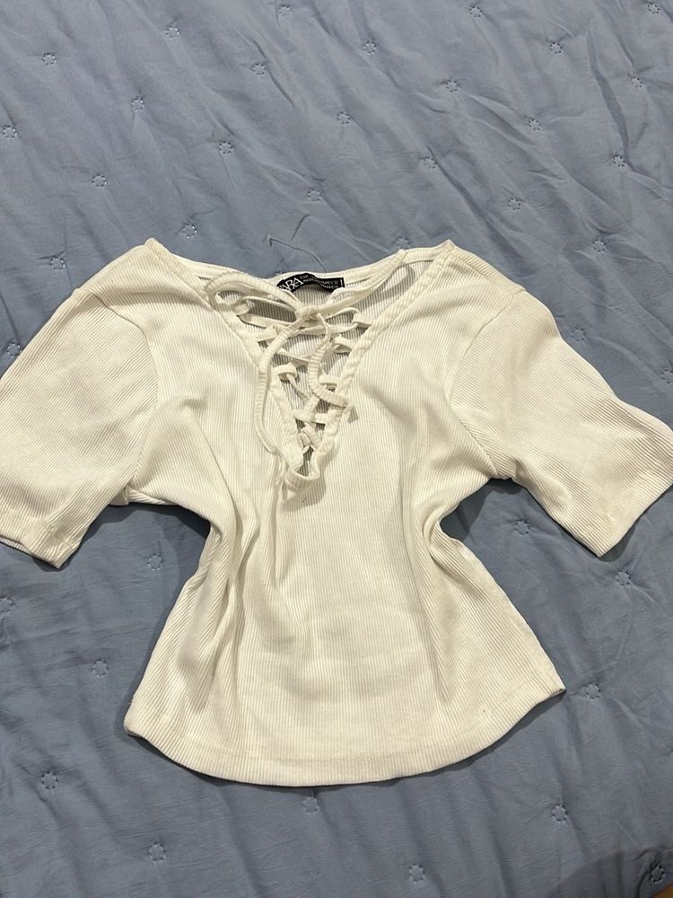 ZARA White Lace-Up Knit Top