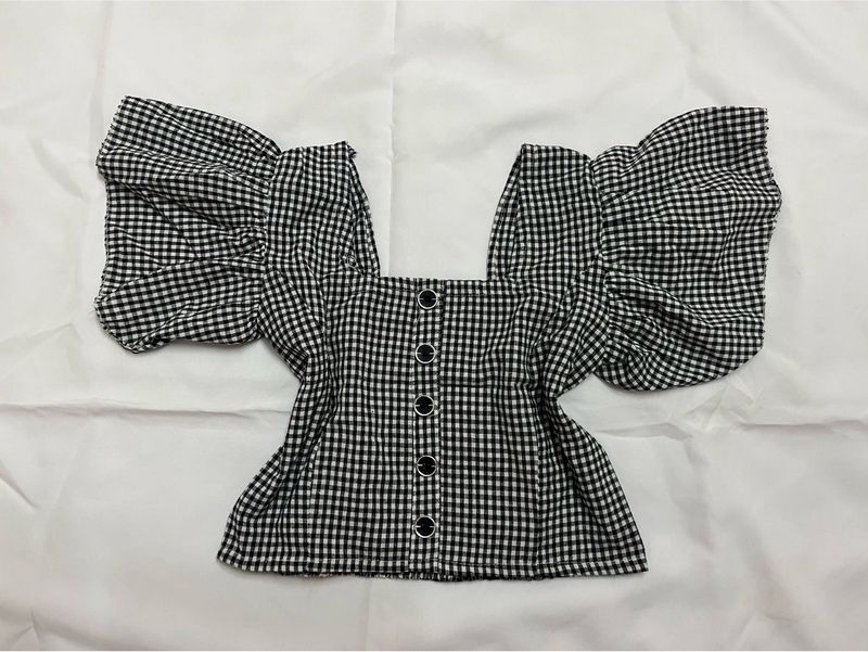 Gingham Puff Sleeve Square Neck Top