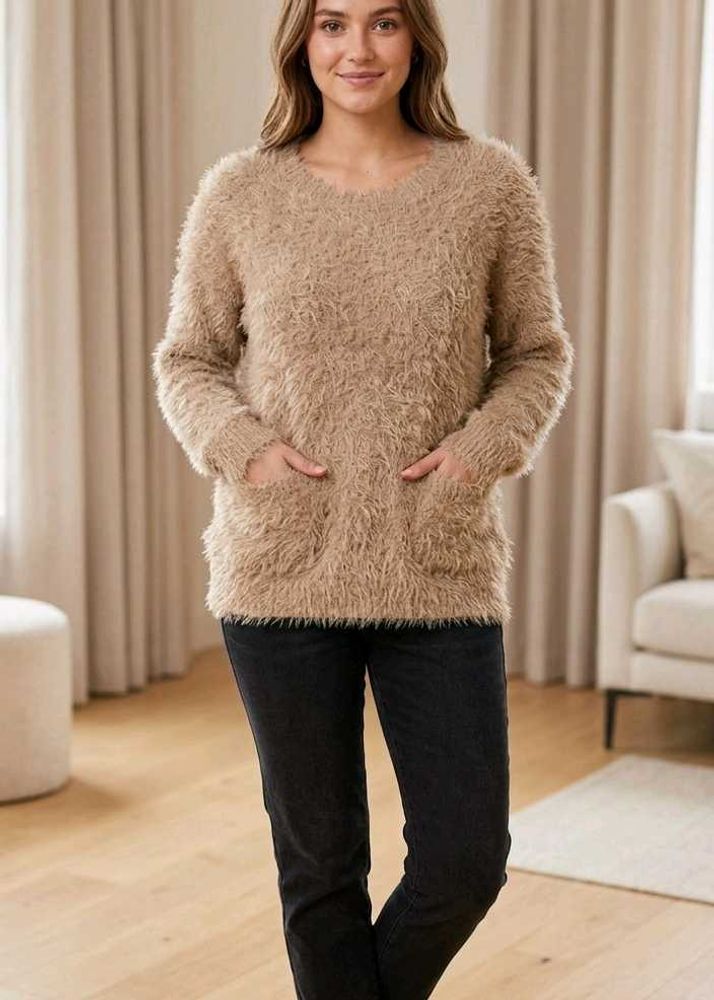 Cozy Chic Furry Beige Winter Top with Pockets