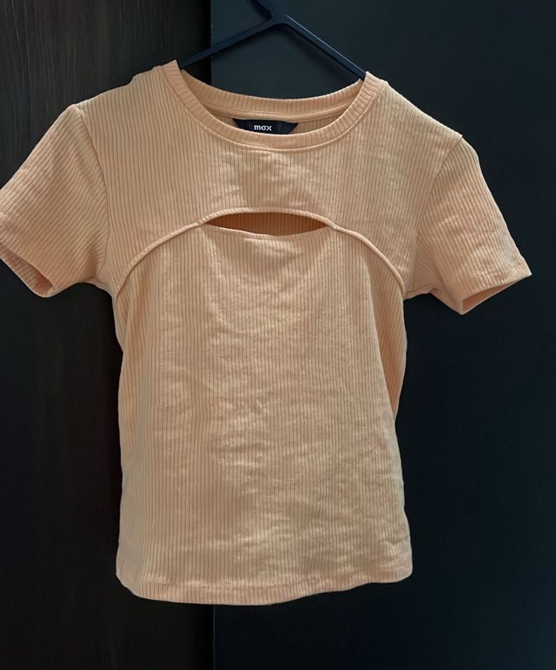 Peach Ribbed Cut-out T-Shirt