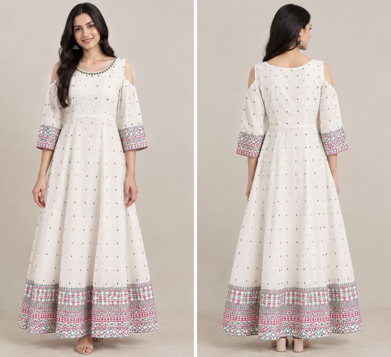 White ethnic gown with gold foil print