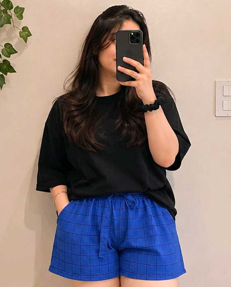 Blue Checkered Paperbag Waist Shorts