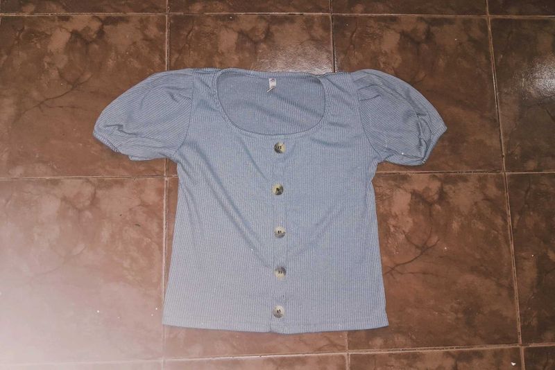 Stylish Grey Ribbed Puff Sleeve Top