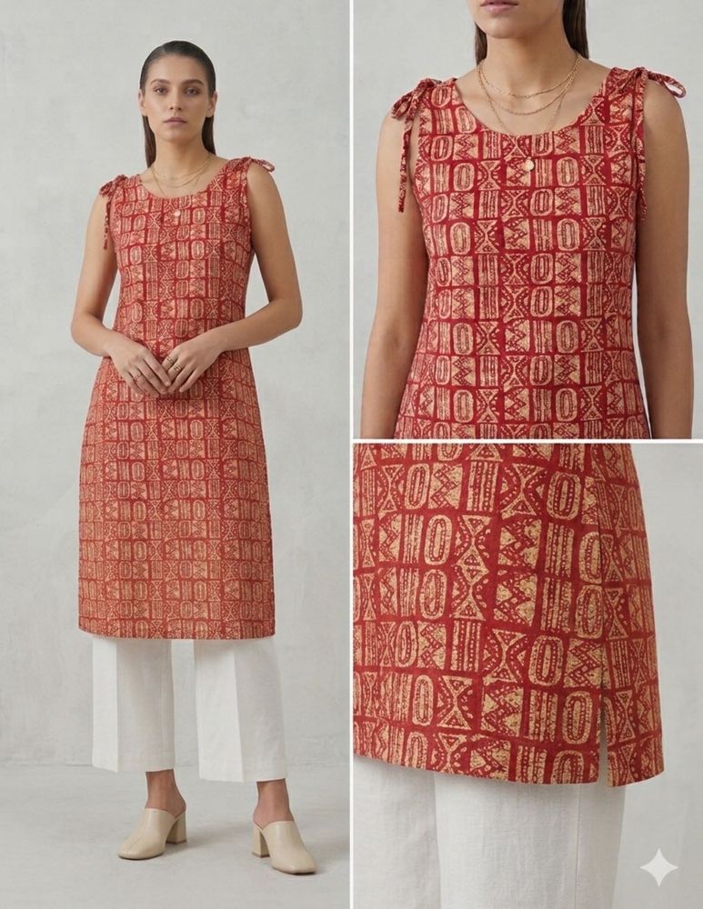 Stylish Red Block Print Sleeveless Kurta