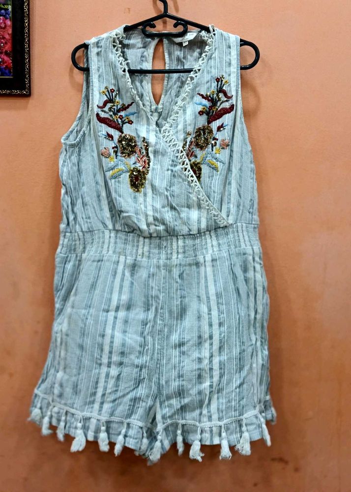 Embroidered Striped Romper