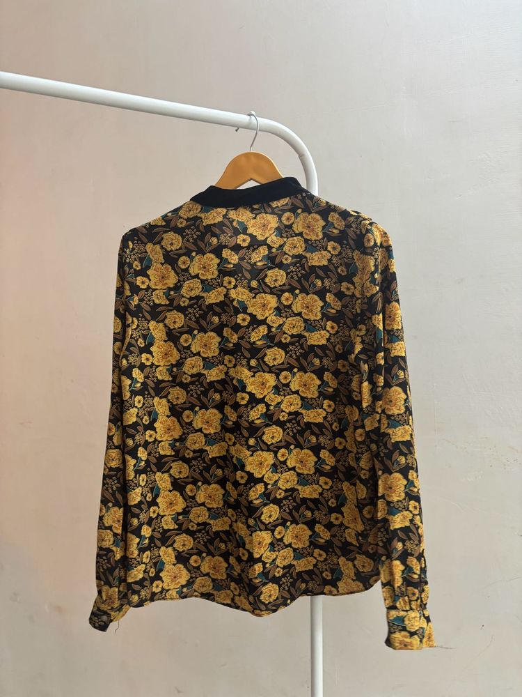 Floral Mustard Top with Velvet Neck Tie