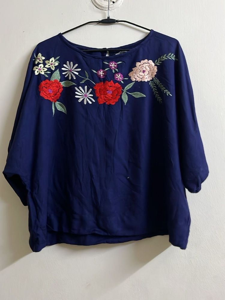 Embroidered Blue Round Neck Top