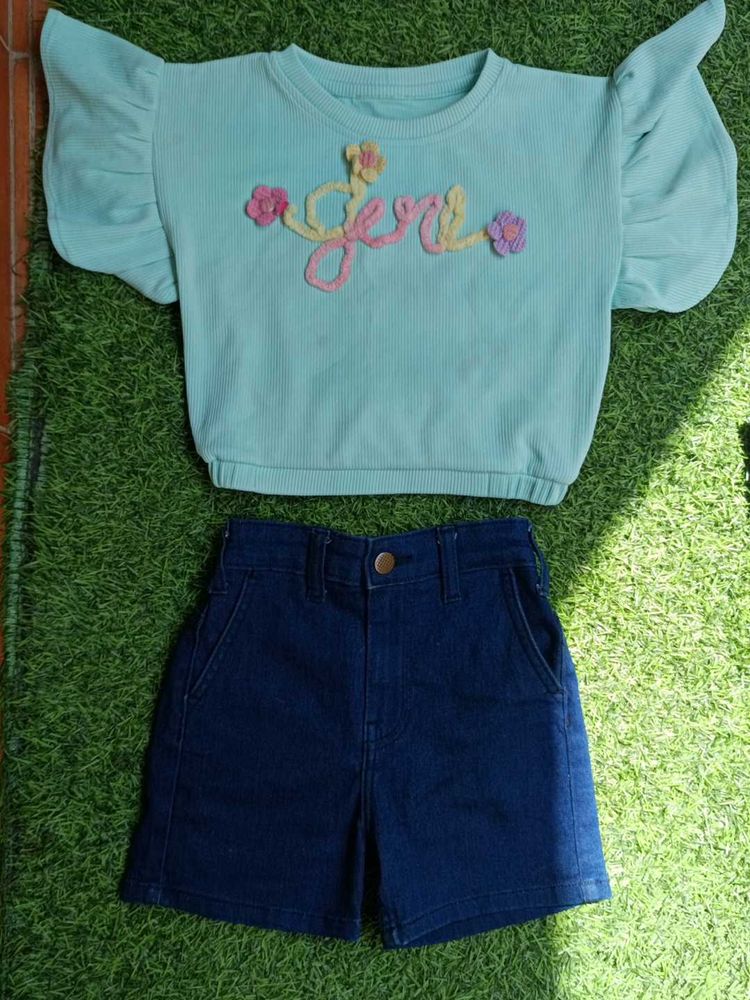 Cute Mint Ruffle Sleeve Top &amp; Denim Shorts Set