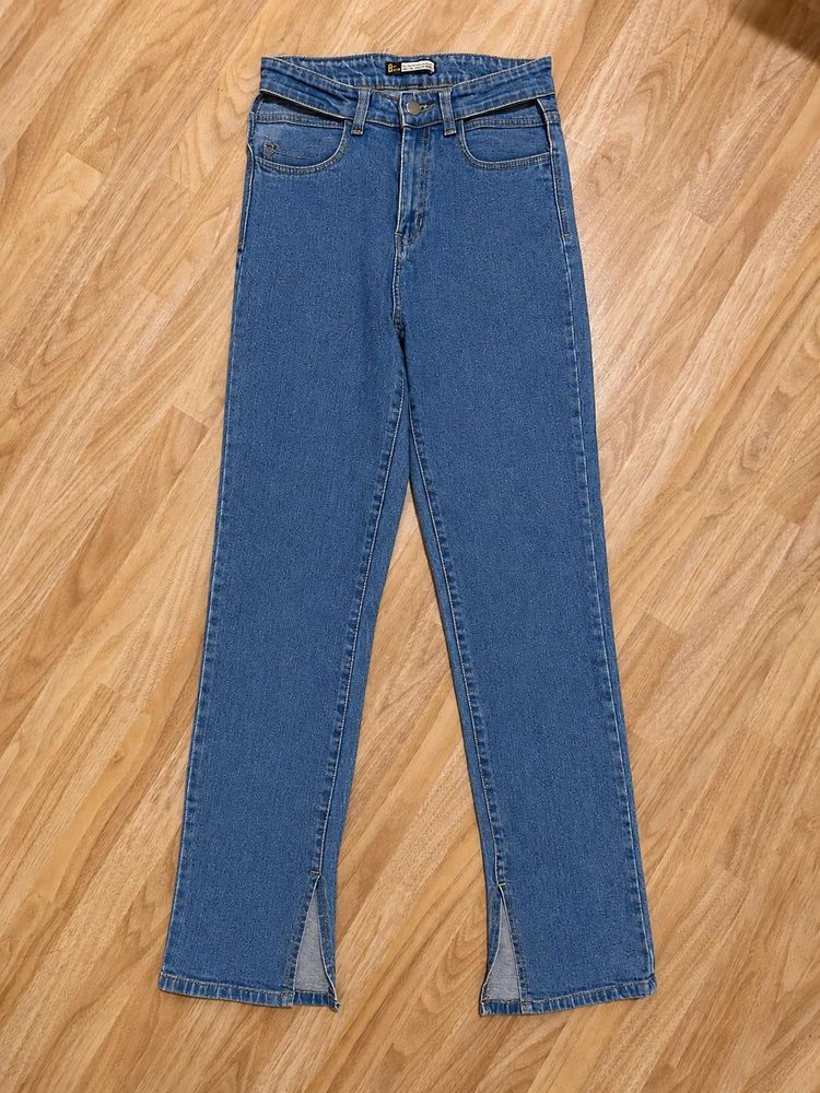 Stylish Blue Denim Jeans with Split Hem