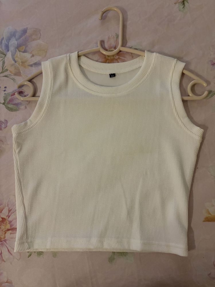 Cream Ribbed Sleeveless Tank Top