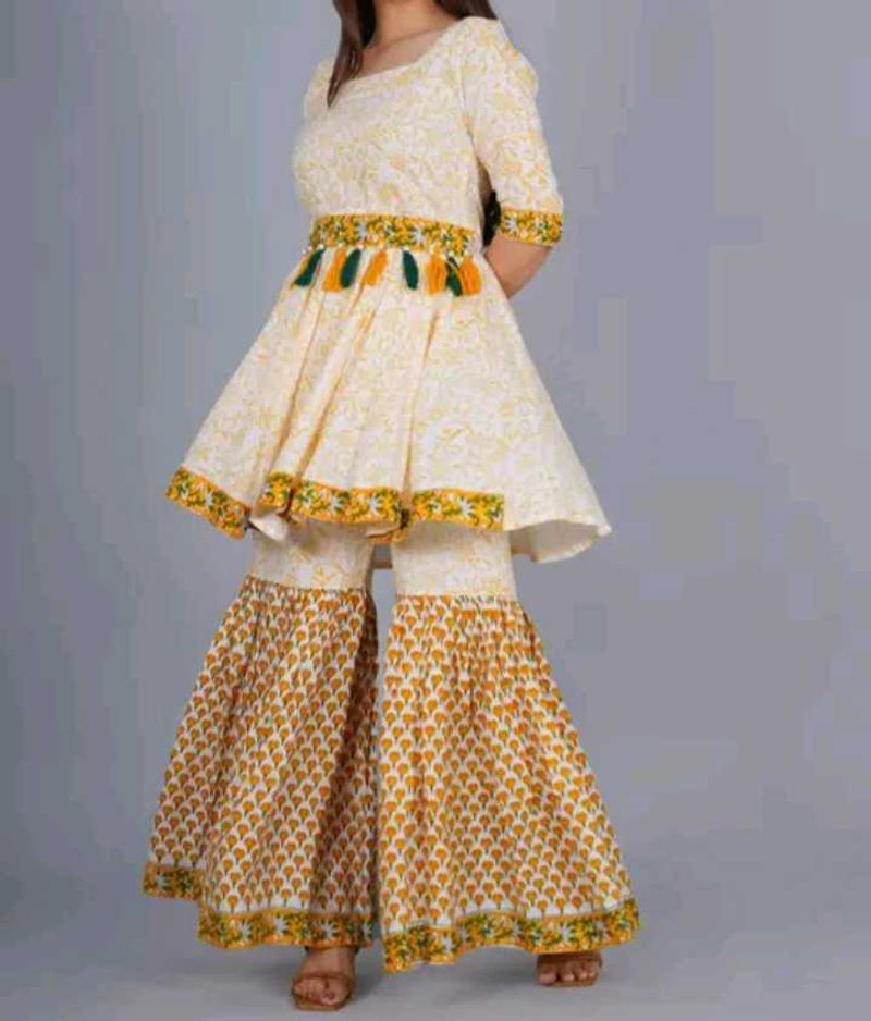 Elegant Printed Anarkali Kurti with Sharara Pants