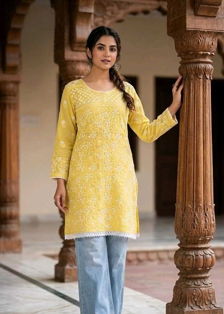 Lemon Yellow Heavy Chikankari Kurti with Lace
