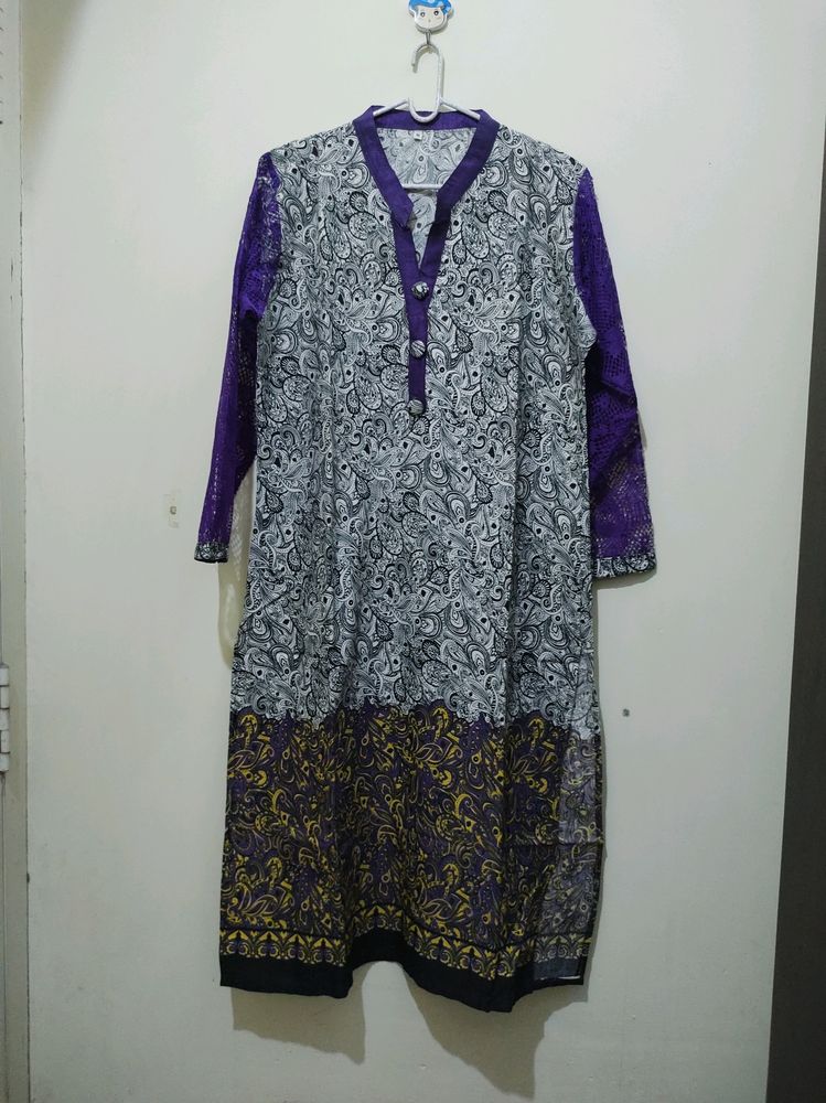 Mango Print Purple Kurta With Net Sleeves
