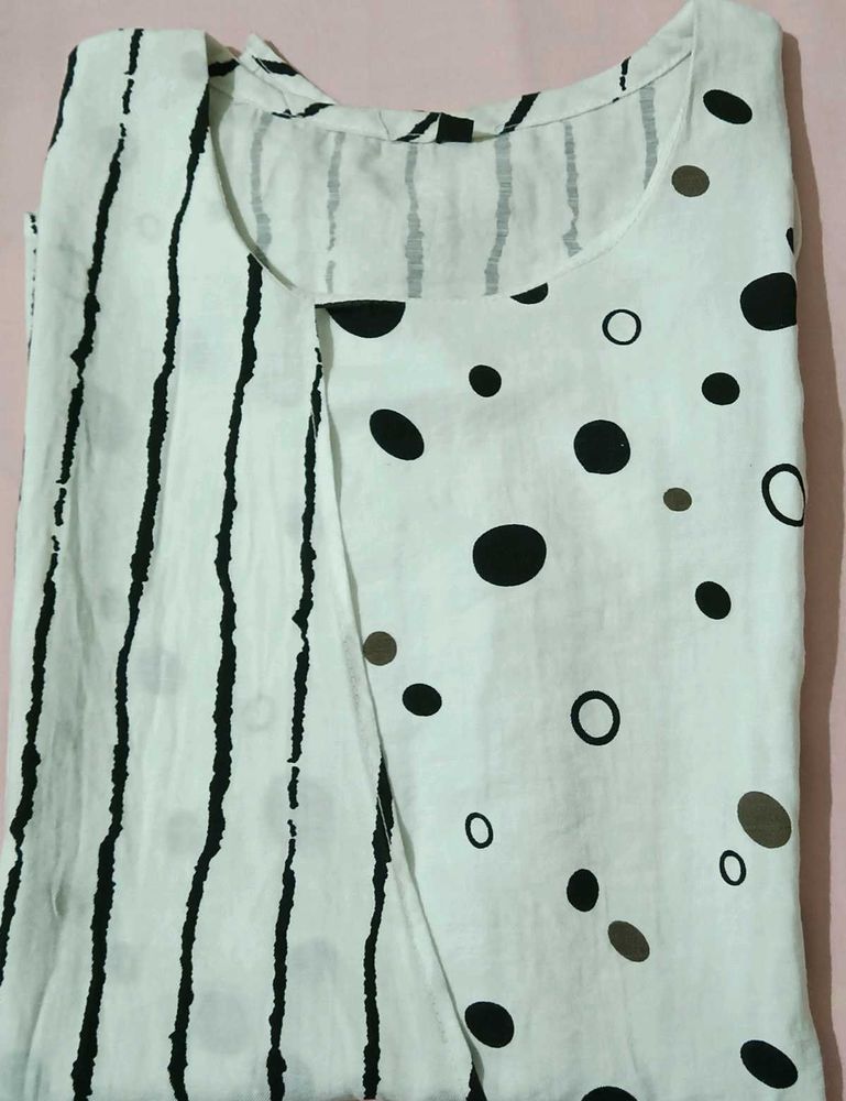 Chic White Top with Black Stripes &amp; Dots