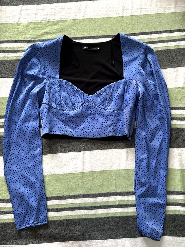 Blue Polka Dot Puff Sleeve Crop Top