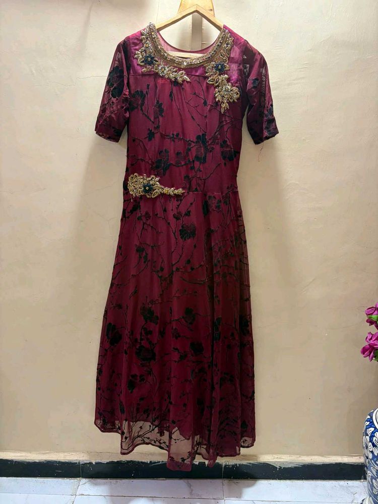 ice velvet work  Burgundy Embroidered Gown