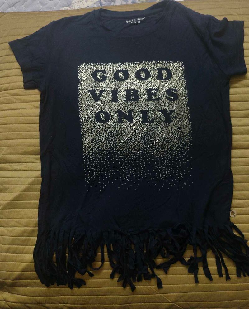 Navy Blue "Good Vibes Only" T-Shirt with Fringe