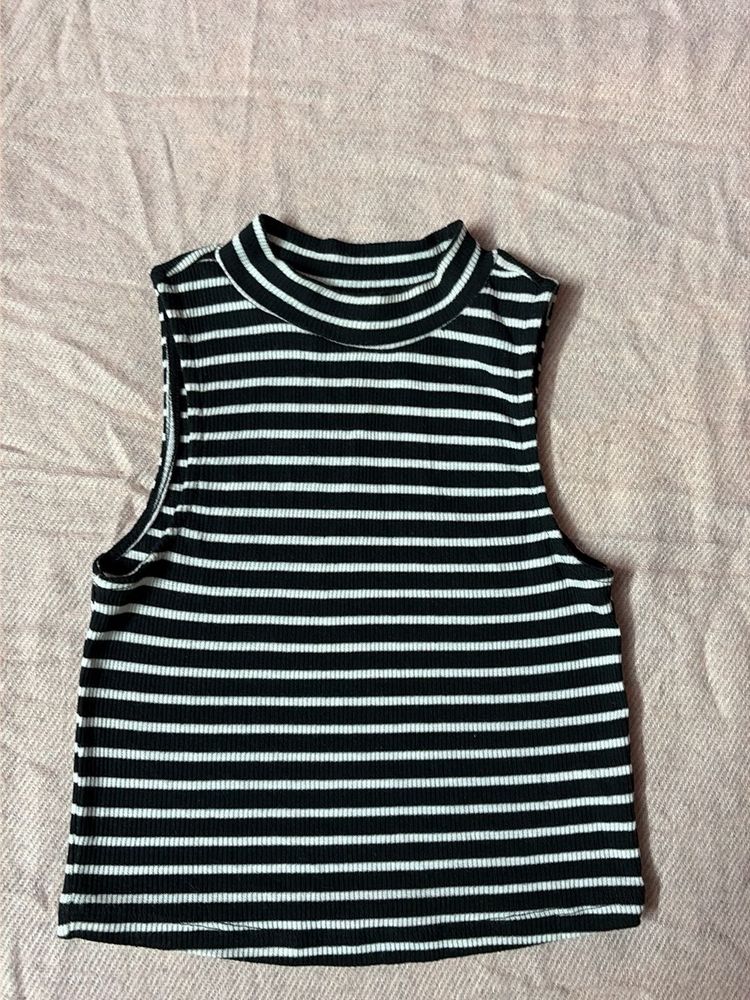 Striped Sleeveless Mock Neck Top