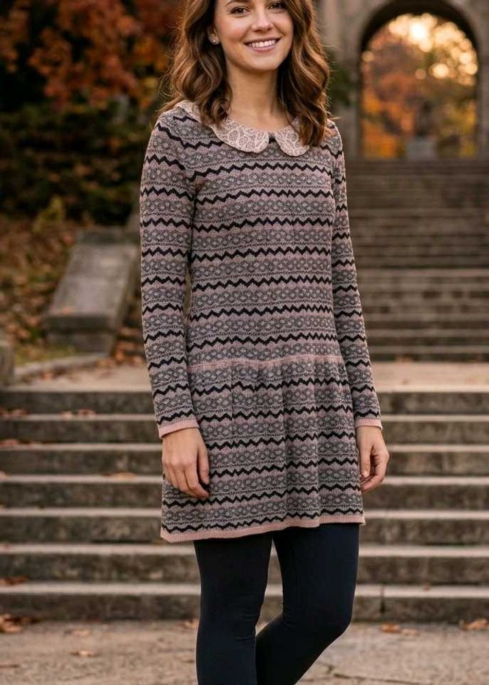 Cozy Patterned Mini Dress with Lace Collar