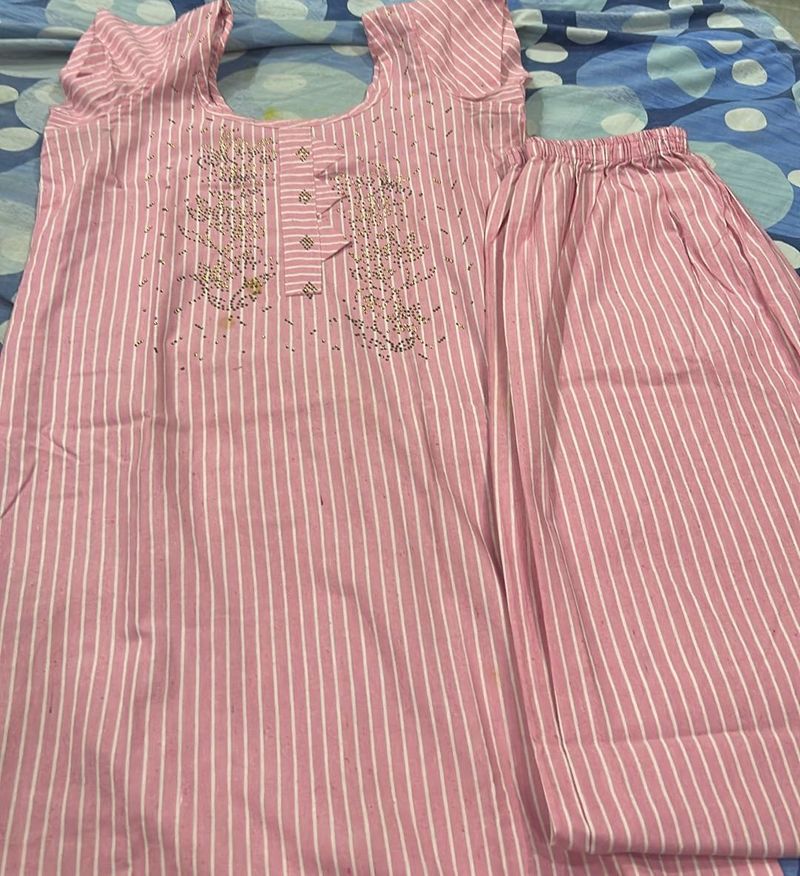 Pink Striped Kurta Set with Embellishment