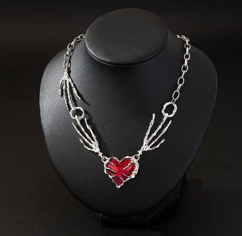Gothic Skeleton Hand Heart Necklace