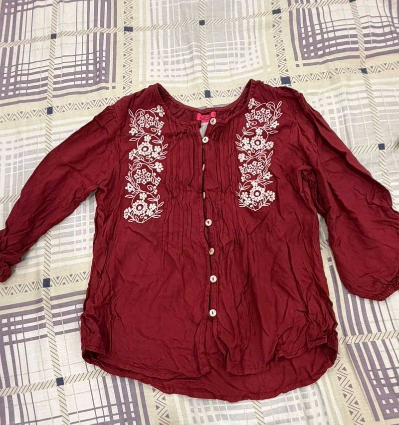 Embroidered Maroon Kurta Top