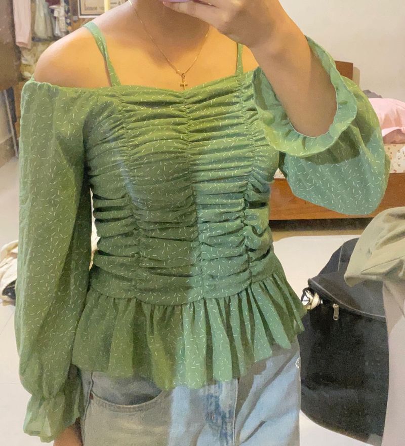 Green Ruched Off-Shoulder Top