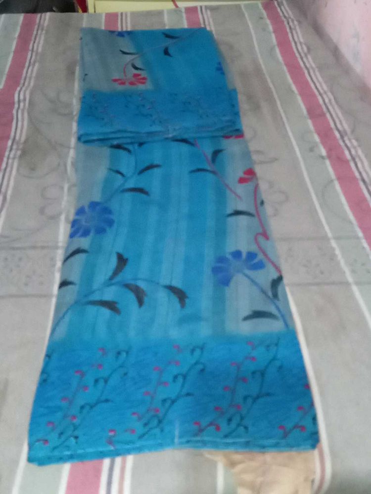 Blue Floral Print Saree