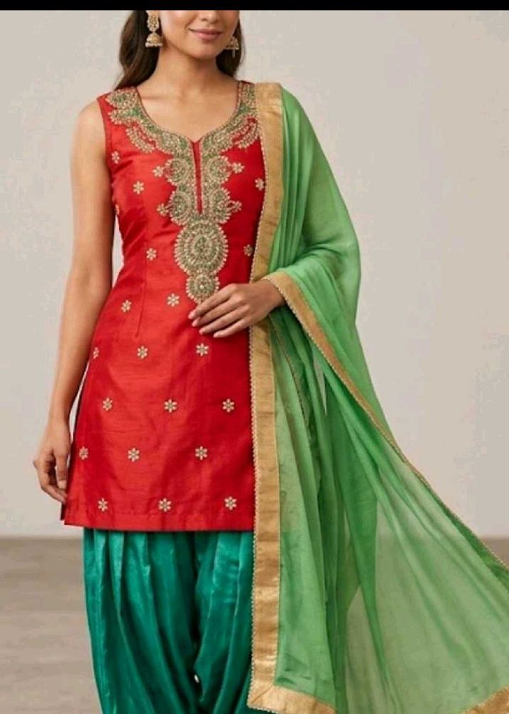 Embroidered Red Kurta with Green Salwar